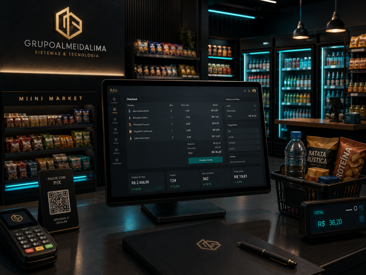 Mini mercado com checkout moderno e sistema de gestão
